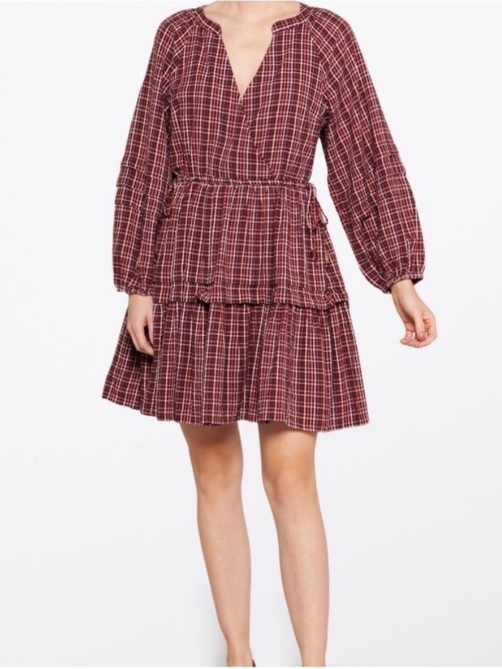 Madewell Seersucker Wrap Mini Dress Dark Merlot Plaid